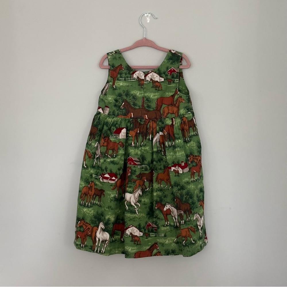 Handmade Horse Print Dress Girls Size 4 Equestrian Cottagecore Farm Barn Unique